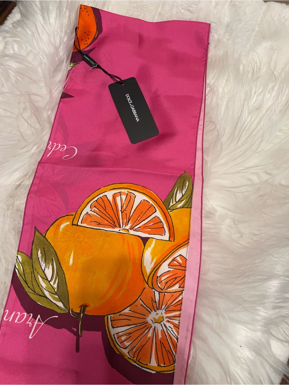 Dolce & Gabbana Capri Citrus Print Silk Twill Scarf in pink with orange fruit . - Picture 9 of 11